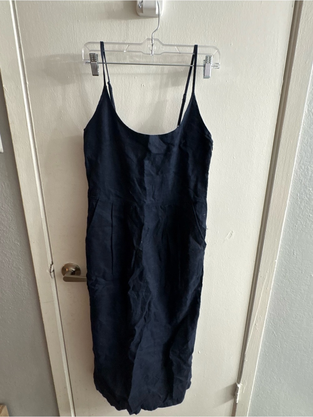 Quince Navy Linen Slip Midi Dress with Spaghetti Straps